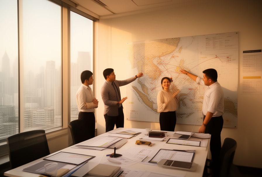 Skyforma logistics planners reviewing shipment routes on a wall map of Southeast Asia