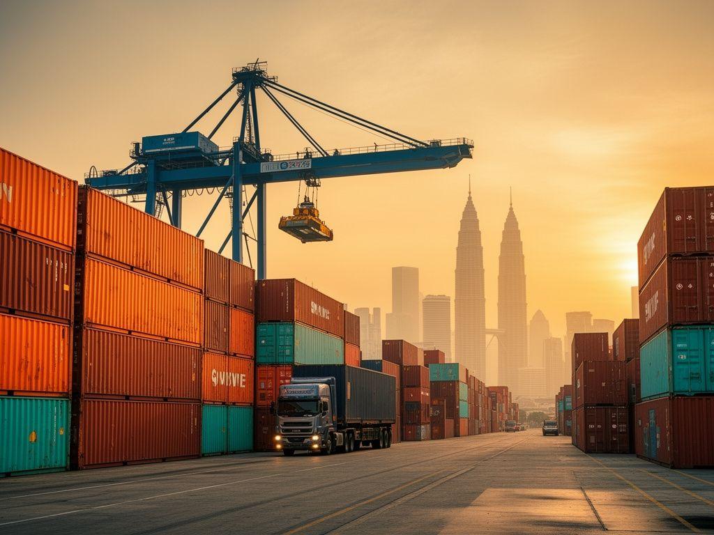 Container terminal at dusk with stacked freight containers near a Malaysian port